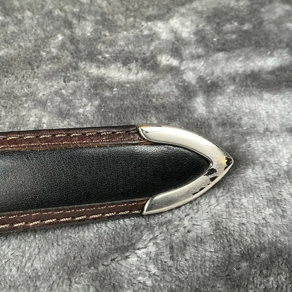 Men's Brown & Black Italian Leather Belt Silver Buckle (Brass) Western Look